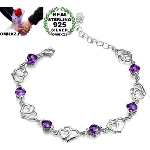 OMHXZJ Wholesale Personality Fashion OL Woman Girl Gift White Heart Hollow Purple Zircon Chain 925 Sterling Silver Bracelet BR34