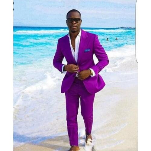 Purple Groomsmen Peak Lapel Two Buttons (Jacket+Pants+Tie) Groom Tuxedos Groomsmen Best Man Suit Mens Wedding Suits Bridegroom