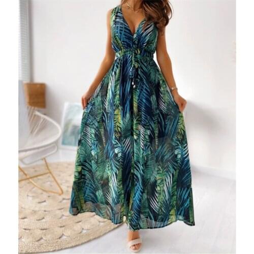 Thorn Tree Vintage Print Lace-Up Backless Long Dress Elegant V Neck Sleeveless Party Dress Women Sexy Slim Elastic Waist Dresses
