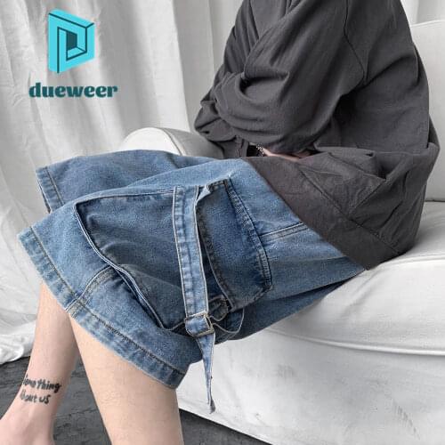 DUEWEER Mens Cargo Denim Shorts Summer Baggy Straight Knee Length Pants Men Students Distressed Harajuku Wide Leg Denim Pants