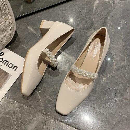 Pearl Strap Pumps Women Chunky Heel Shoes Pointed Toe Moccasins Slip On Casual Classics Footwear Female Office Shoe Woman 2021