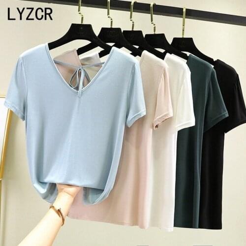 LYZCR Modal Women T Shirt Backless Sexy Womens T-shirt Female Stretchable Top Tee V Neck Short Sleeve Slim Korean Tops Summer