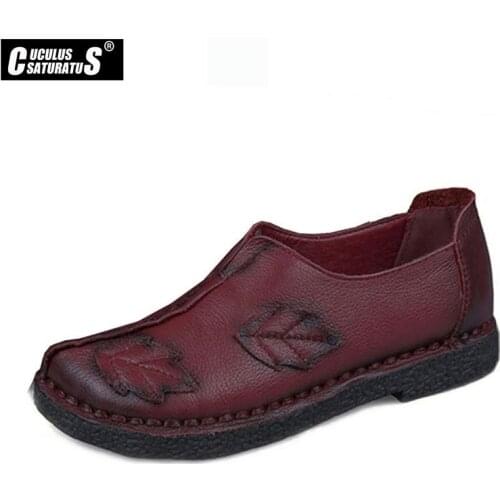 Cuculus Chinese Fashion Style 100% Genuine Leather Shoes Women Flats Leaves Green Hand-Made Slip-On Casual Mother shoes 1899