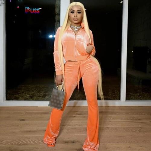 Weird Puss Velvet Women Tracksuit Skinny 2 Piece Set Zip Sporty Sweatshirt+Straight Pants Casual Fit Matching Streetwear Outfits