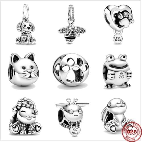 925 Sterling Silver Cute Bee Dog Sheep Cat Frog Rabbit Pendant DIY fine beads Fit Original Pandora Charm Bracelet Women Jewelry