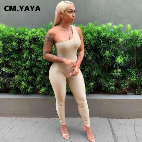 CM.YAYA One Shoulder Active Women Jumpsuit Active Sleeveless Bodycon Romper Fashion Skinny Summer Outfits Overall 10 Colors