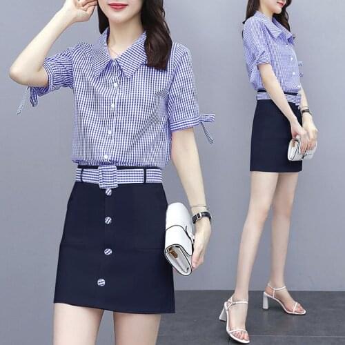 Womens Fashion Suit Slim Summer Wear Young Style Short Sleeve Red Blue Plaid Shirts Empire Sash Short Skirt Sweet Two-Piece Set