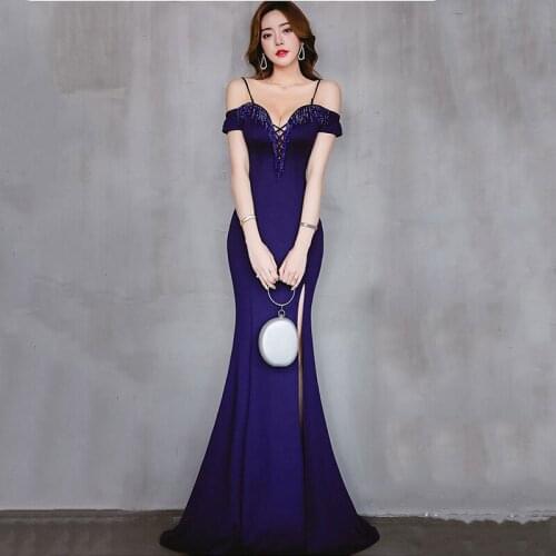 Corzzet Blue Cotton Beading Sexy V-Neck Cross Bandage Off Shoulder Party Dresses Long Mermaid Slim Open Slit Elegant Dress