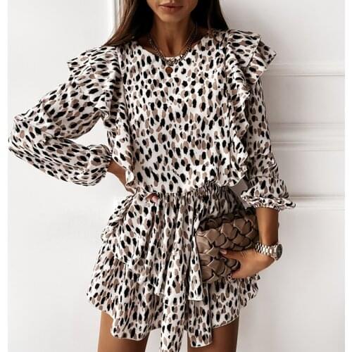 Autumn Cascading Ruffle Floral Dress Women Casual Long Sleeve A Line Leopard Print Dress Boho Female Elegant Mini Party Vestidos