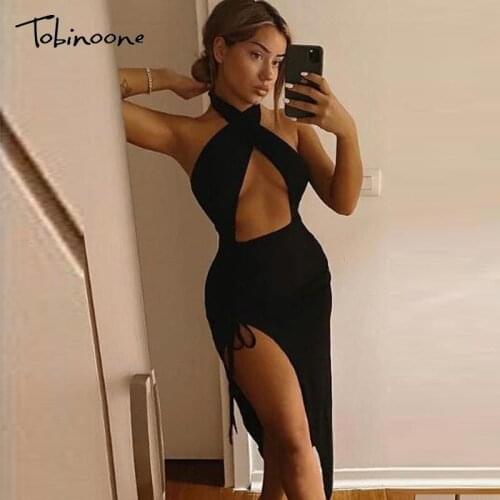 Tobinoone Drawstring Split Sexy Black Dress Women Halter Tie Hollow Out Backless Bodycon Dress Ruched Sleeveless Party Vestidos