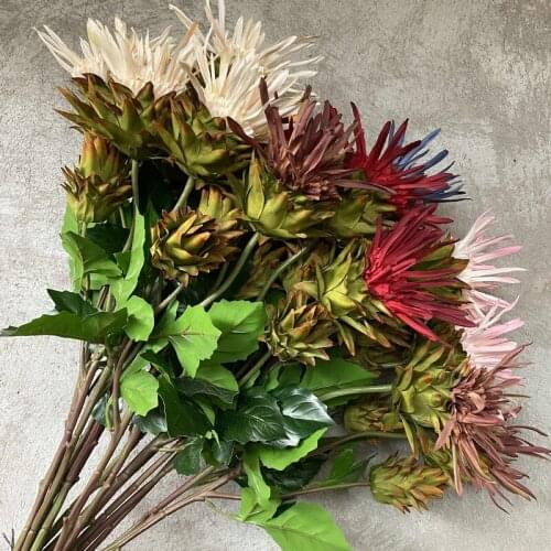 2 Forks Thorn Ball Sea Urchin Branch with Green Leaves Artificial Flowers Fake Plants for Home Wedding Decoration