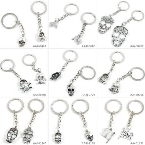 Antique Silver Tone Keychain Keyring Keytag Key Chain Ring Tag Door Car Skull Head Pirate Flag Flower Lady Rose Skeleton