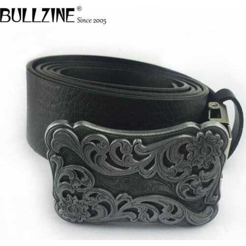 Bullzine zinc alloy retro western flower belt buckle jeans gift buckle pewter finish free PU belt FP-03558 drop shipping