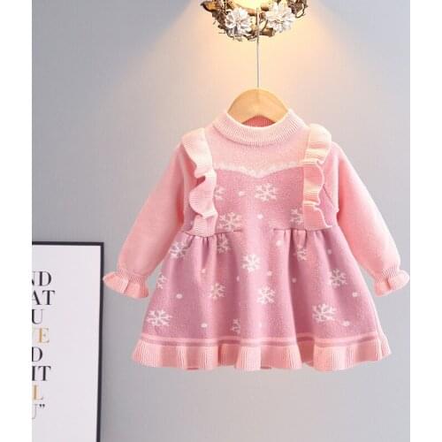 Autumn Winter Girls Dress Long Sleeve O-neck Ruffles Snowflake Pattern Knit Dresses for Children