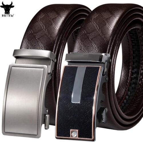 Leisure Brown Genuine Leather Mens Belts Automatic Buckles Ratchet Straps Metal Removable Waistband For Dress Jeans Business XXL