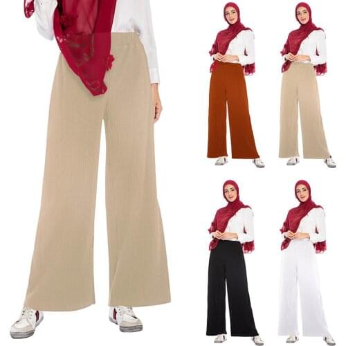 Muslim Womens Casual Pants Wide-legged Long Trousers Stretch Palazzo Pants Wide Leg Pants Arabic Bottoms Solid Color Fashion