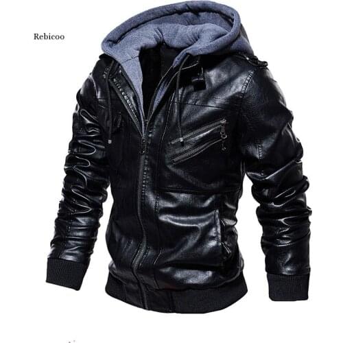 Mens Leather Jacket Autumn Winter Hooded Fur Lined Coat Man Thick Bomber Jacket With Hood Plus Size Vintage Coat Men Jackets