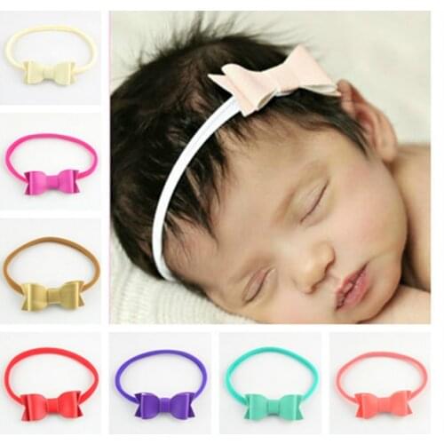 Girls Nylon Headband Girls Leather Bow Headband With Nylon Elastic Headbands Newborn Hair Bow Headband 60pcs/lot 12 Color