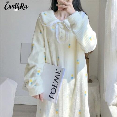 CYNTHRA Nightdress Womens Winter Cute Kawaii Flannel Pineapple Plush Long-sleeved Thick Loose Thermal Homewear Lady Nightgowns