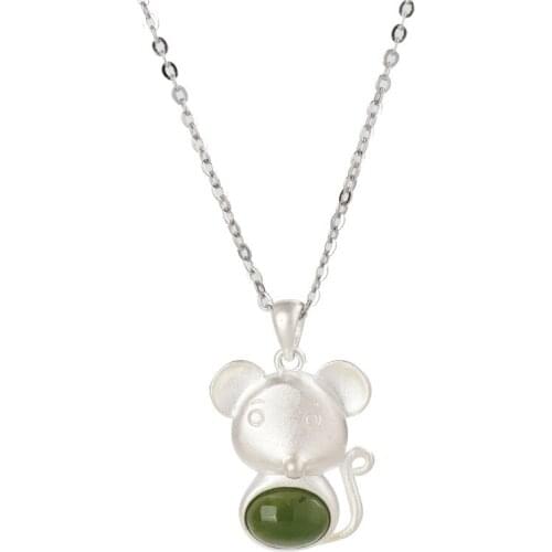 925 Sterling Silver Necklace Taiwan jade green chalcedony lady Necklace Mouse shape Pendant woman Necklace exquisite jewelry