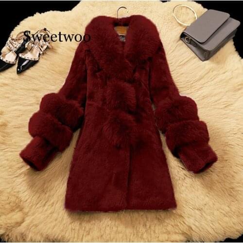 Winter Faux fox fur collar Coats Outerwear 2020Autumn runway fashion thick warm slim Party long Faux leather rabbit fur coat
