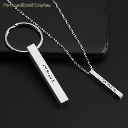 Personalized Master Custom Name Words Stainless Steel 4 Sided Vertical Cuboid Matte Bar Pendant Necklace + Keychain gift
