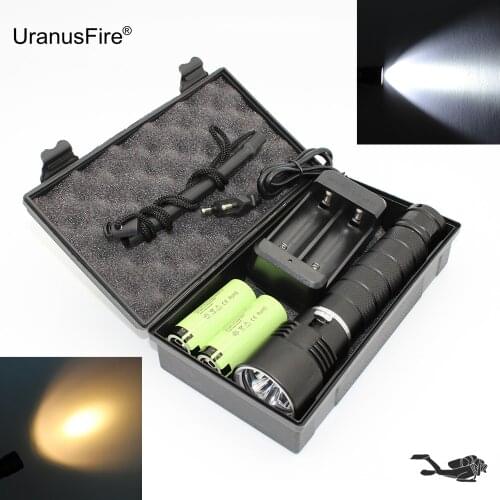 Underwater Flashlight L2/T6 LED Diving Flashlight Kits White/Yellow Light Waterproof Hunting Lamp + 26650 Battery + Charger +Box