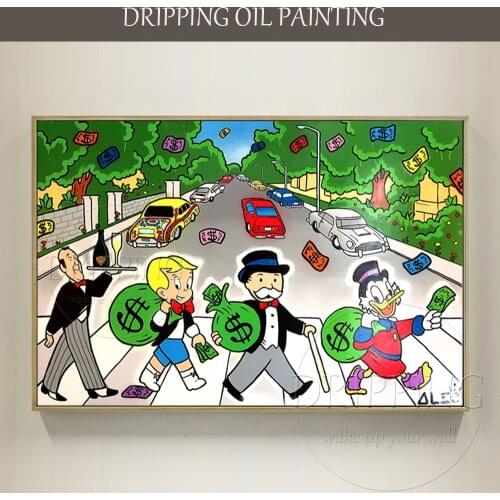 Pop Fine Art Hand-painted Modern Cartoon Picture Rich Man Crossing the Street Oil Painting Famous Cartoon Street Oil Painting