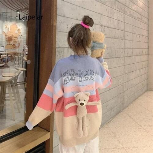 Oversized Pullover Sweater Best Friend Rainbow Color Cute Bear Korean Style Knit Sweater Top 2021 Fashion Autumn Knitted