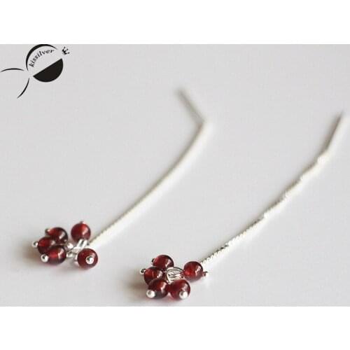 Silver 925 Jewelry Ear Line Drop Earrings Red Natural Garnet Long Tassels Dangle Earrings 2017 Female Drop Earrings for Women