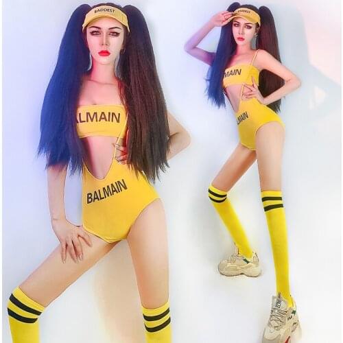 Adult Women Jazz Dancing Performance Clothing Sexy Yellow Bodysuit Pole Dance Costume Nigthclub Dancer Stage Wear Set YS2028