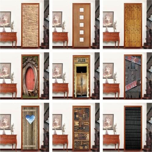 Vintage Wallpaper 3D Door Sticker For Kitchen Bedroom Decorating Sliding Glass Door Poster Home Design Decor Mural Wall Decals