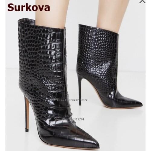 Surkova Sexy Black Crocodile Ankle Boots Women Thin High Heels Slip-on Short Booties Pointed Toe Snakeskin Pattern Dress Shoes