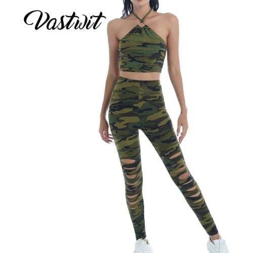 2Pcs Women Camouflage Print Halter Neck Cropped Top Hollow Out Designed Pants Set for Running Gym Yoga
