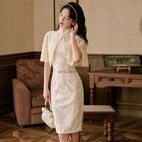 2021 chinese traditional cheongsam women chiffon dress mesh floral print dress chinese qipao oriental cheongsam dress qipao