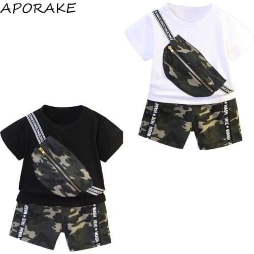 2021 0-3Y Casual Kids Baby Boy Clothing Ziper Bag Parint Short Sleeve T-shirt+Camouflage Shorts Summer Outfits Set 2pcs