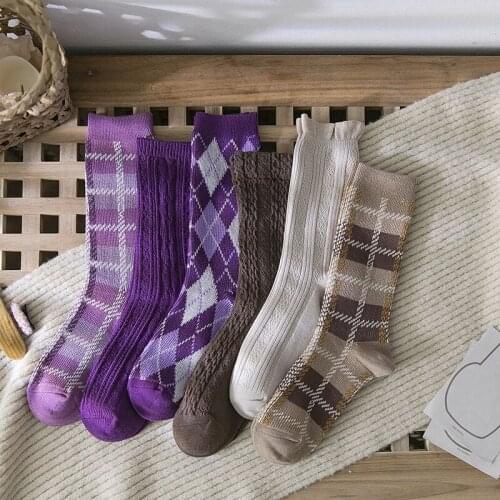 3pairs/set Cute Japanese High School Girls Cotton Loose Lattice Socks Women Sox Harajuku Designer Retro Purple Brown Socks