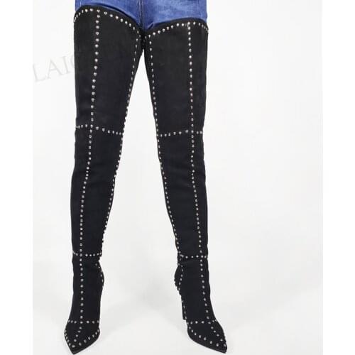 BERZIMER Women Over Knee Boots Pointy Toe High High Black Shoes Woman Female Thigh High Autumn Winter Large Size 41 42 44 47