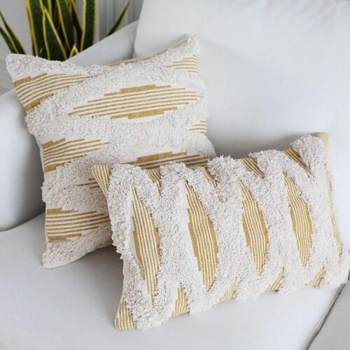 Beige Pure Cotton Geometric Cushion Cover 45*45CM Woven Pinstripe Tufted Yellow Pillowcase Home Decoration Sofa Cushion Office