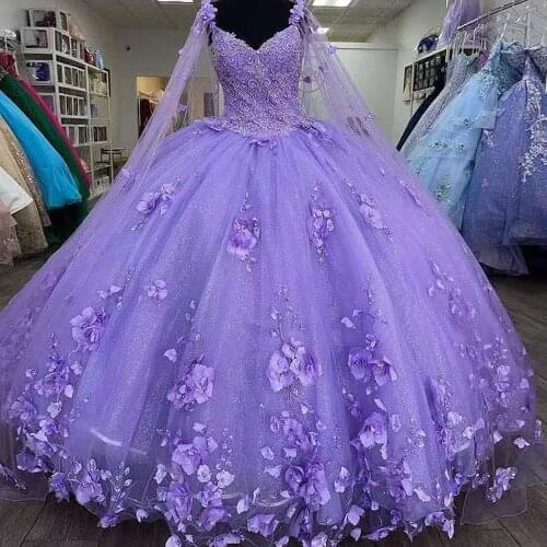 Glitter Purple Quinceanera Dresses Spaghetti Strap with Wrap Sweet 15 Gowns 2021 3D Flower Bead Vestidos 16 Prom Party Wears