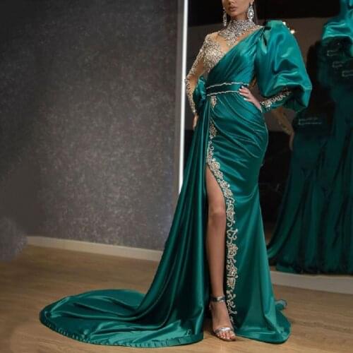 CloverBridal Shinning Glitter Sexy High Slit Single Lantern Sleeve Dubai Prom Dresses 2021 robe de soirée femme WP9838