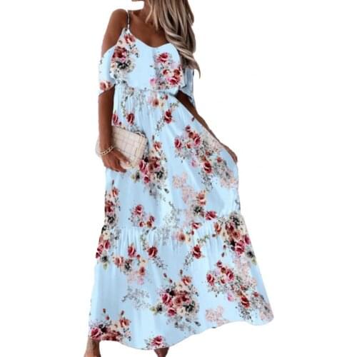 Bohemian Women Dress Low Cut Cold Shoulder Short Sleeves Floral Print Maxi Dress for Cocktail