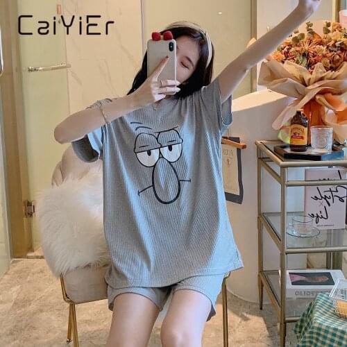CAIYIER Wacky Expressions Print Summer Pajamas Set Girls O-Neck Casual Sleepwear Thin Sweet Ladie Nightwear Loose Homewear M-2XL