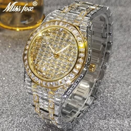 Hip Hop MISSFOX Gold Men Watches Stainless Steel Fashion Top Brand Luxury Iced Out Quartz Wristwatches Streetwear AAA Male Watch