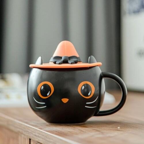 Ins Ceramic Cute Mysterious Cat Cup Halloween Pumpkin with Spoon Lover Gift Coffee Milk Mug Personality Environmental Protection