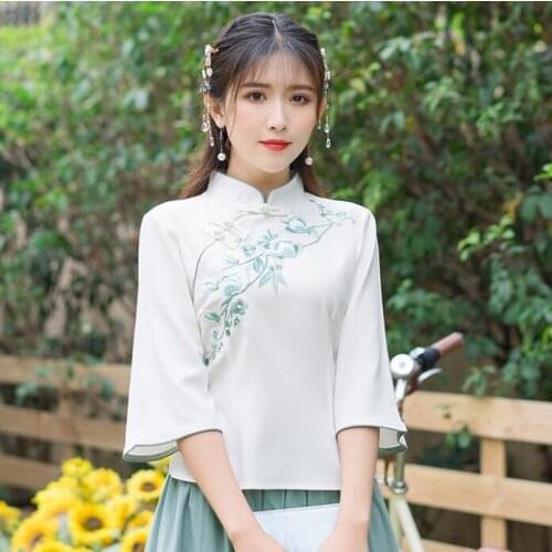 Chinese traditional blouse Summer Women Shirt Embroidered tops White