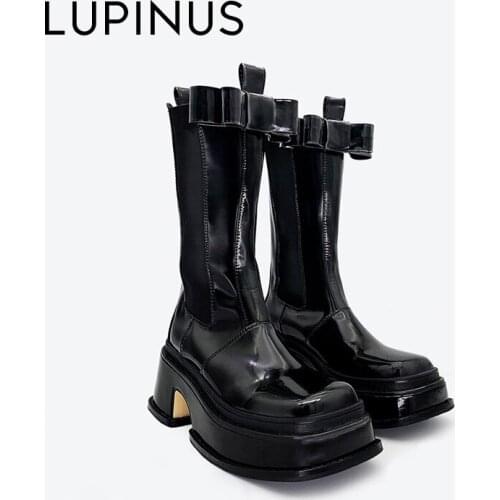 LUPINUS Fashion Bow-Knot Design Women Chelsea Boots 2021 New Chunky Heel Platform Women Ankle Boots Square Toe Retro Women Boots