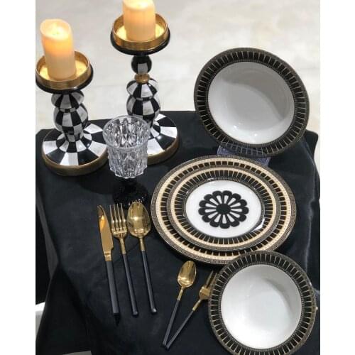 Black White Gold Porcelain Dinnerware Set 24 Piece 6 Person Round Plates (Soup Bowls, Dinner Plates, Salad Plates)