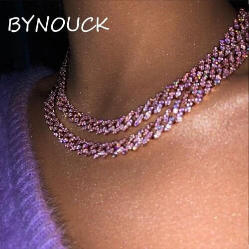 Punk HipHop Pink Crystal Miami Cuban Link Chain Necklace Gold Silver Color Iced Out Shiny Rhinestone Cuban Choker Trendy Jewelry