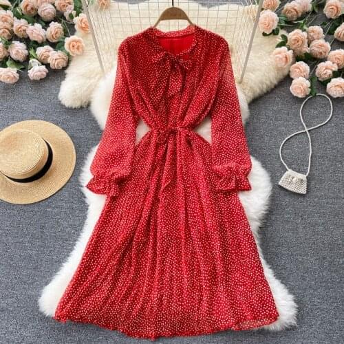 Aibeautyer New Autumn Floral Print Slim High Waist Lady Full Dress A Line Scarf Collar Chiffon Pullover Women Medium Dresses